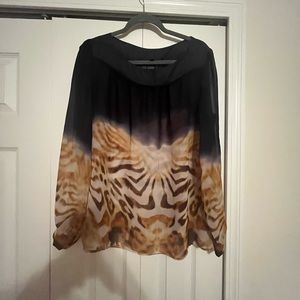 Milano women’s blouse. Size L. Blue/tan/brown/cream print